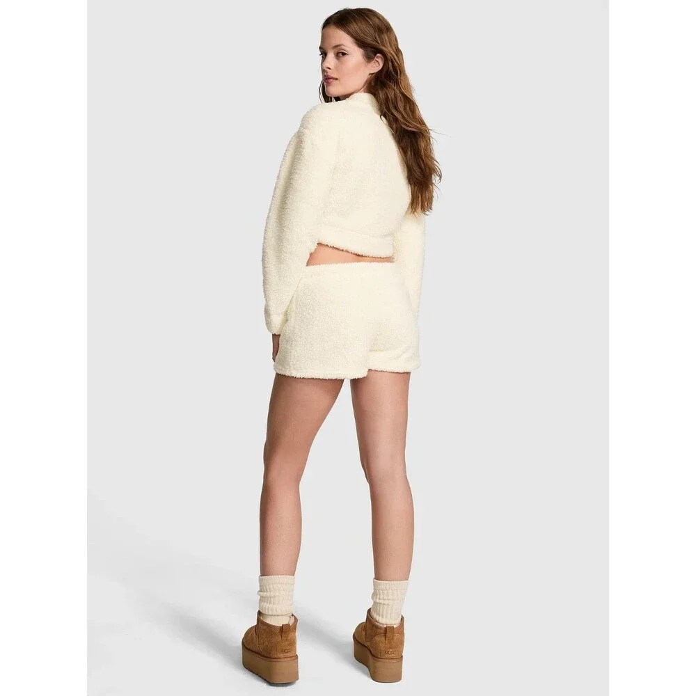 PINK‎ Victorias Secret Co-zzzy Fleece Boxy Fuzzy Pajama Shorts White Creamer MED